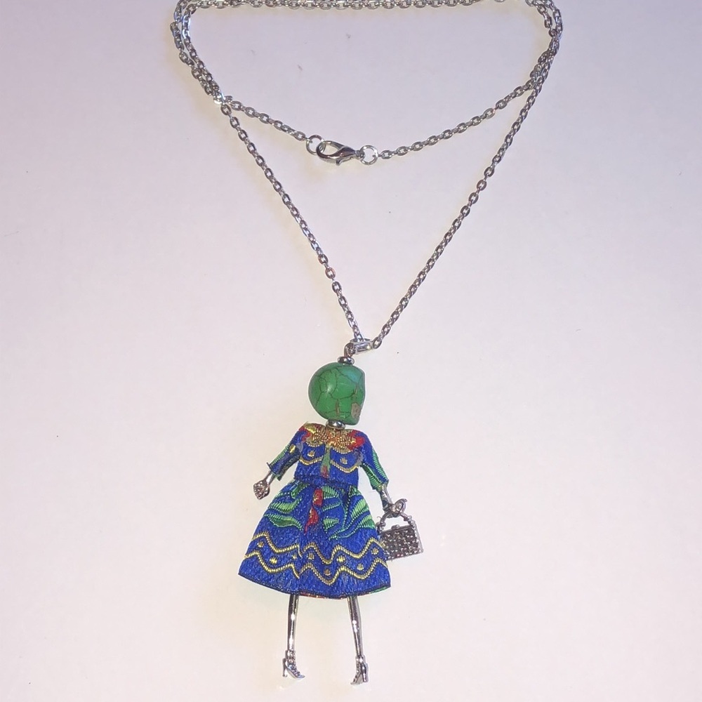 Unique Blue and Green Skull Lady In Dress Boho Pendant Necklace - Picture 5 of 6